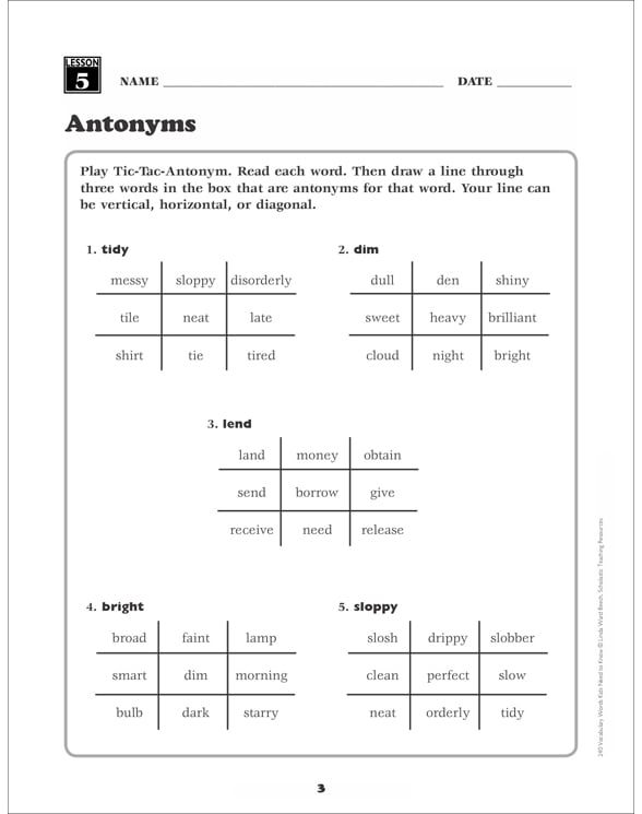 Antonyms: 3rd Grade Vocabulary | Printable Games, Puzzles and Skills Sheets