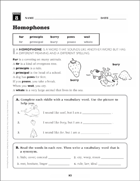Homophones (principle, Grade Vocabulary Printable Skills Sheets