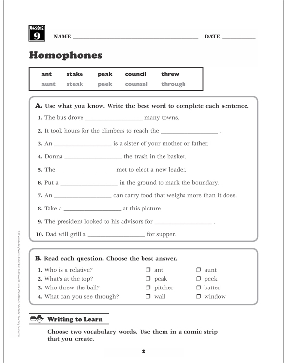 homophones ant stake grade 3 vocabulary printable skills sheets