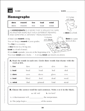 homographs grade 3 vocabulary printable skills sheets