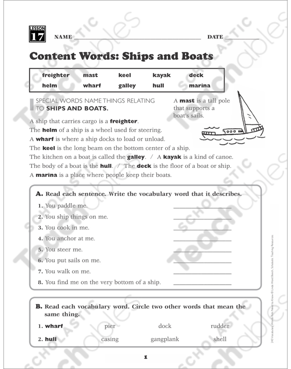 Content Words: Ships and Boats: Grade 3 Vocabulary | Printable Skills ...