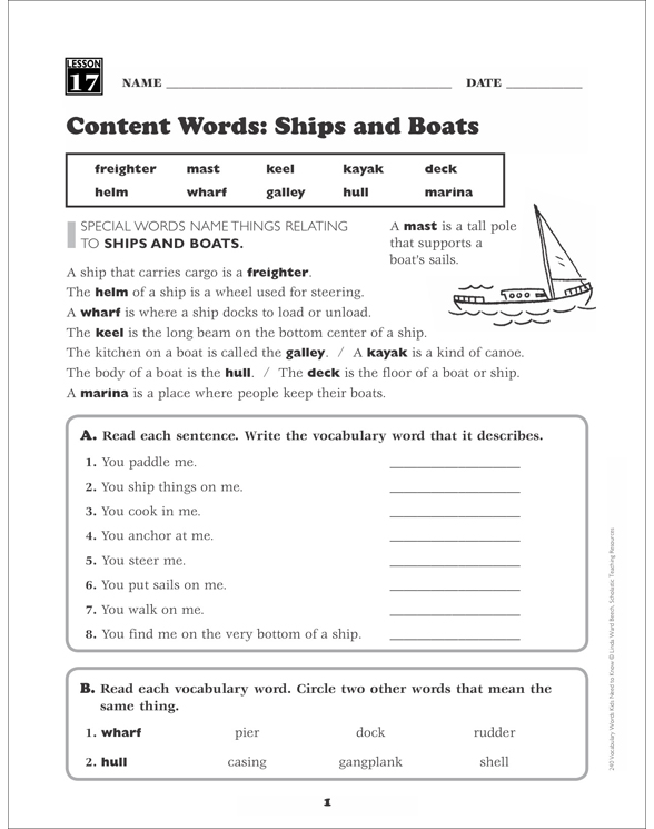 Content Words Ships and Boats Grade 3 Vocabulary Printable Skills
