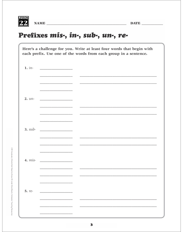 Prefixes (mis-, in-, sub-, un-, re-): 3rd Grade Vocabulary | Printable ...