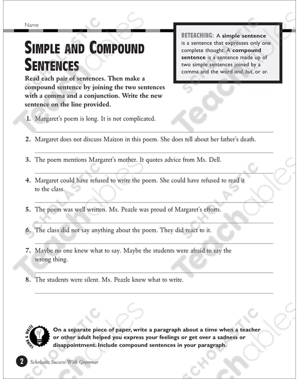 Simple and Compound Sentences (Grades 5-6) | Printable Test ...