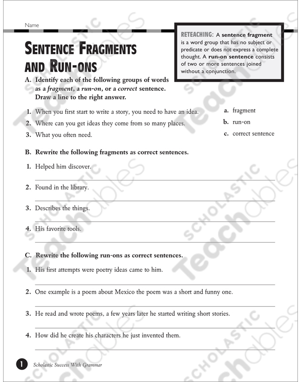 Easy Run On Sentence Worksheet