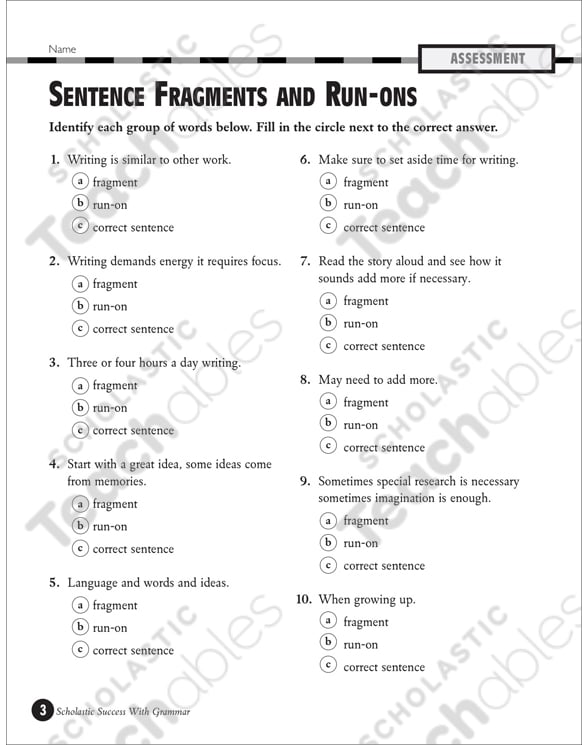 sentence fragment and run on sentences worksheet