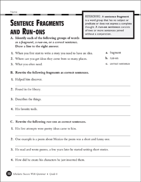 run fragments sentence ons grades worksheet teachables scholastic test sheets