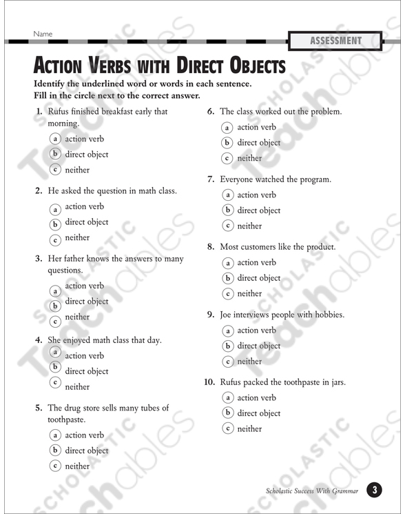action verbs with direct objects grades 5 6 printable test prep and tests skills sheets