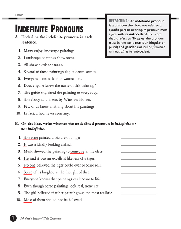 Indefinite Pronouns Grades 5 6 Printable Test Prep Tests And Skills Sheets