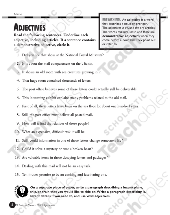 Adjectives (Grades 5-6) | Printable Test Prep and Tests, Skills Sheets