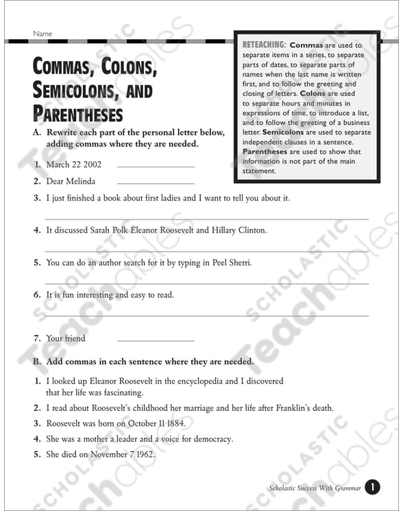 Commas, Colons, Semicolons, and Parentheses (Grades 5-6 ...