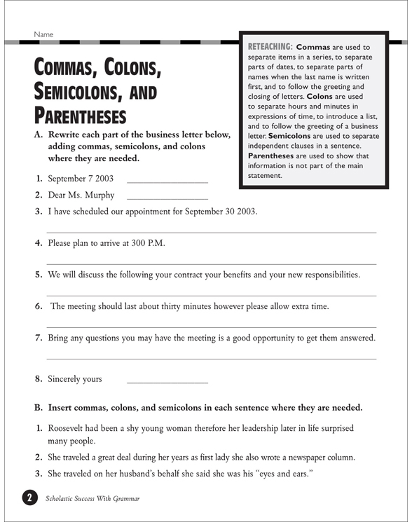 Commas, Colons, Semicolons, and Parentheses (Grades 56) Printable
