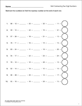 Two-Digit Subtraction With Mystery Number | Printable Skills ...