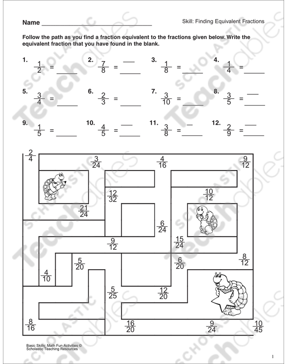 equivalent fractions maze activity printable skills sheets number puzzles