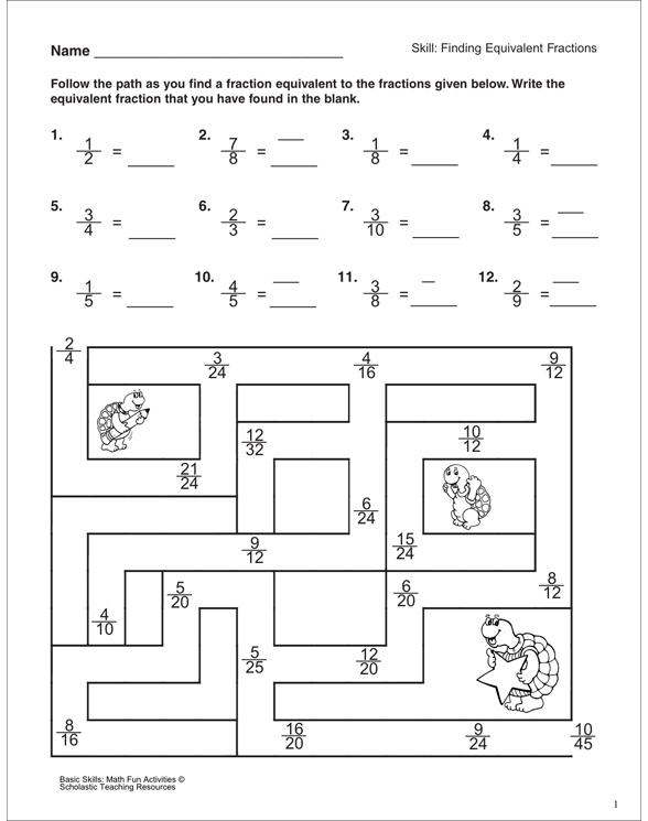 Equivalent Fractions (Maze Activity) Printable Skills Sheets and Number Puzzles