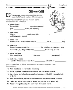 Chilly Or Chili Homophones Printable Skills Sheets