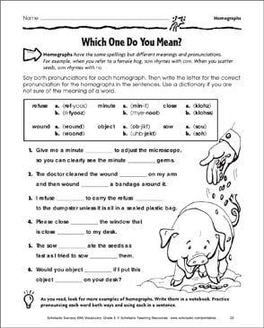 which one do you mean homographs printable skills sheets