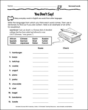 Borrowed Words Worksheet