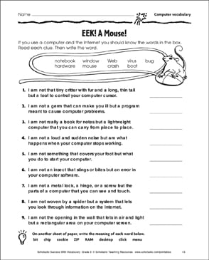 eek a mouse computer vocabulary printable skills sheets