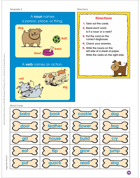 DoggyBone Word Sort (Nouns and Verbs) FileFolder Center Printable