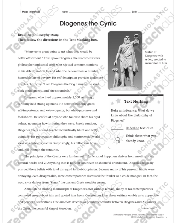 Diogenes The Cynic Make Inferences Close Reading Printable Texts Lesson Plans And Ideas