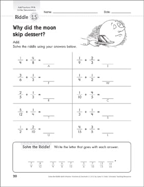 solve the riddle add fractions with unlike denominators gr 4 5 printable number puzzles skills sheets
