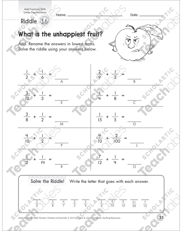 Solve The Riddle Add Fractions With Unlike Denominators Gr 5 Printable Number Puzzles Skills Sheets