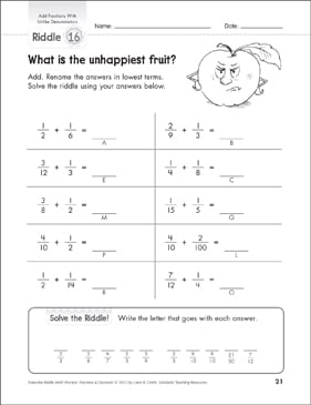solve the riddle subtract fractions with unlike denominators gr 4 5 printable number puzzles skills sheets