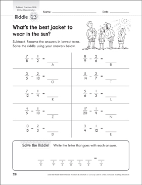 solve the riddle subtract fractions with unlike denominators gr 5 printable number puzzles skills sheets