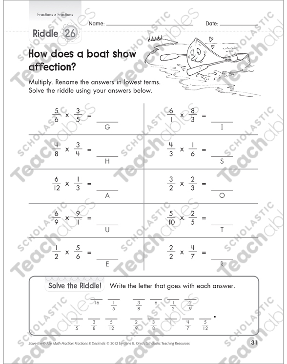 solve the riddle fractions x fractions printable number puzzles skills sheets