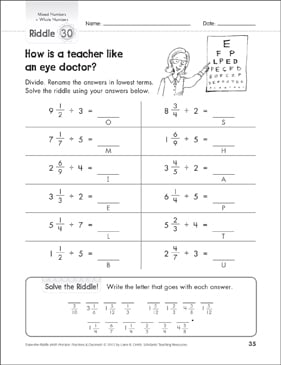 solve the riddle whole numbers divided by fractions printable number puzzles skills sheets
