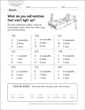 solve the riddle decimal place values to hundredths printable number puzzles skills sheets