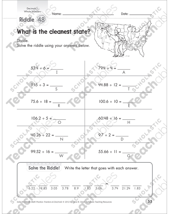solve the riddle decimals divided by whole numbers printable number puzzles skills sheets