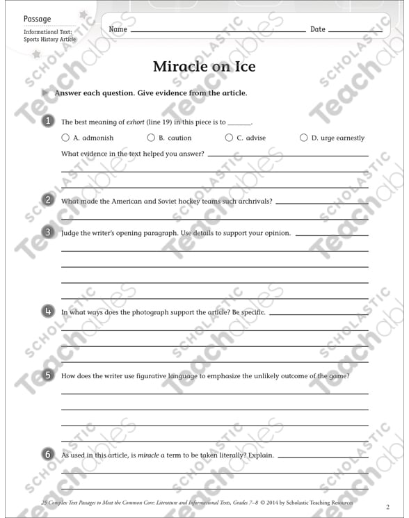 Miracle On Ice Text Questions Printable Texts Skills Sheets