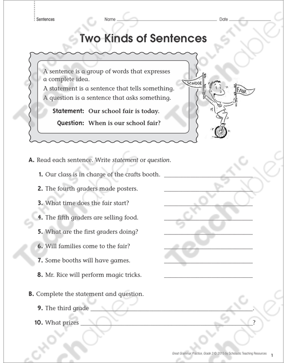 two kinds of sentences grammar practice page printable skills sheets