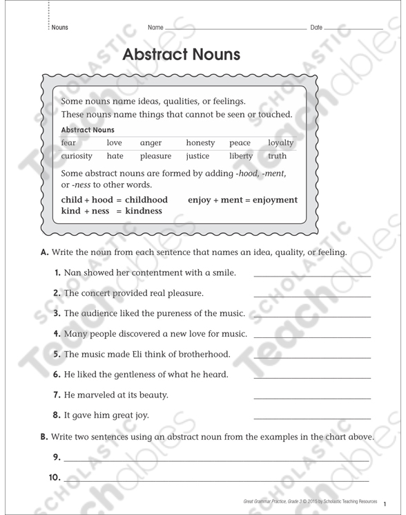 abstract nouns grammar practice page printable skills sheets