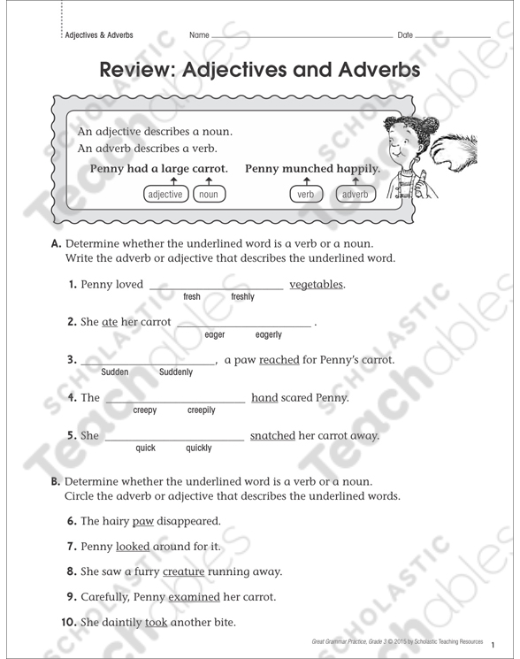 adjectives adverbs review grammar practice page printable skills sheets