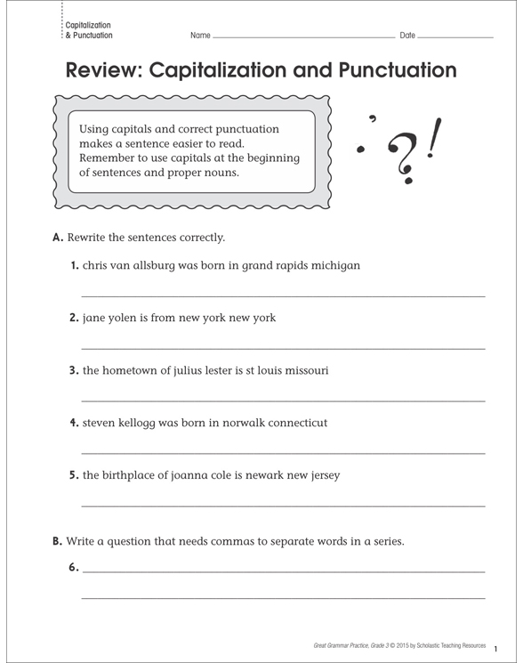 Capitalization & Punctuation Review: Grammar Page | Printable Skills Sheets