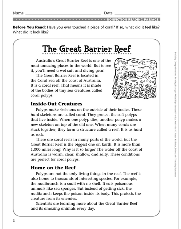 Great Barrier Reef Comprehension Passage Printable Skills Sheets And Crossword Puzzles 