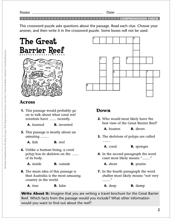 Great Barrier Reef Comprehension Passage Printable Skills Sheets And Crossword Puzzles 