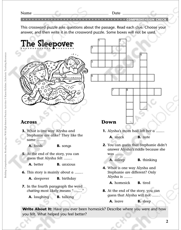 The Sleepover: Comprehension Passage | Printable Skills ...