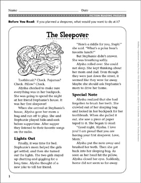 the sleepover comprehension passage printable skills sheets crossword puzzles