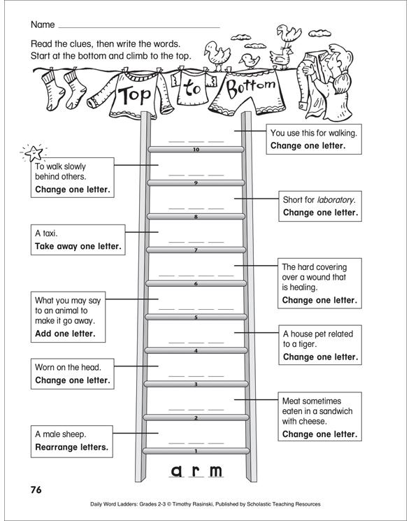 Top to Bottom Word Ladder (Grades 23) Printable Skills Sheets