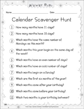 Calendar Scavenger Hunt | Printable Skills Sheets Calendar Scavenger Hunt | Printable Skills Sheets