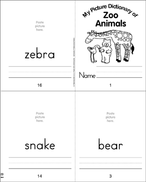 Zoo Animals: Picture Dictionary | Printable Mini-Books, Cut and Pastes
