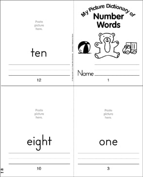 numbers words picture dictionary printable mini books cut and pastes