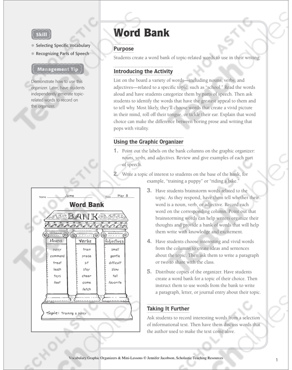 Word Bank (Vocabulary) | Printable Graphic Organizers, Lesson Plans and