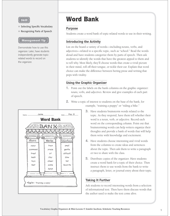 Word Bank (Vocabulary) Printable Graphic Organizers, Lesson Plans and