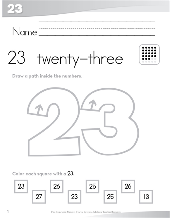 Number 23 (twentythree) SendHome Pages Printable Skills Sheets