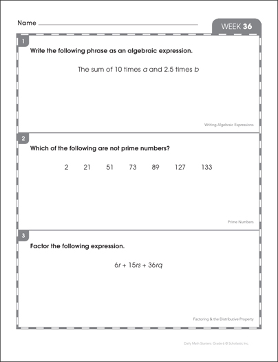 Week 36: 6th Grade Daily Math Starters | Printable Skills Sheets